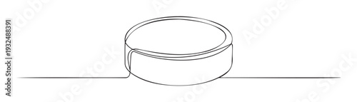 Simple continuous line drawing of a modern empty round container sitting on a subtle line for cafe branding, kitchenware promotion, or graphic design projects.