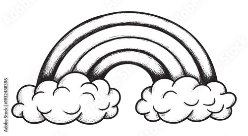 Textured black and white rainbow arch with fluffy clouds providing a charming decorative graphic for childrens projects, cheerful branding, or playful media applications