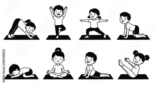 Children practicing various yoga poses on exercise mats