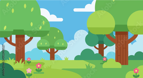 Serene landscape illustration featuring trees, flowers, and lush greenery in a peaceful outdoor setting from a frontal viewpoint