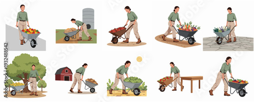 Diverse Flat Illustration of a Woman with Wheelbarrow Harvesting Vegetables and Fruit