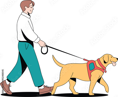 Smiling Young Man Walking Labrador Dog on Leash, Concept Care and Outdoor Exercise, Responsible Animal Ownership and Canine Companionship, Healthy Active Lifestyle and Dog Training Vector Illustration
