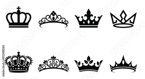 Collection of ornate black crown and tiara silhouettes on a white background