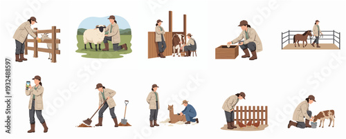 Flat Illustration Depicting Farmer Activities and Animal Care at Farm Set