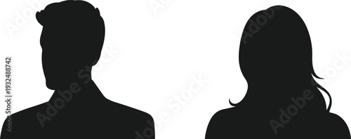 Male and female avatar silhouette icons, user profile placeholders isolated on white background, black default person vector illustration