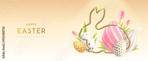 Happy Easter background with colorful easter eggs, golden rabbit silhouette and tulips. Holiday greeting card or poster. Vector illustration