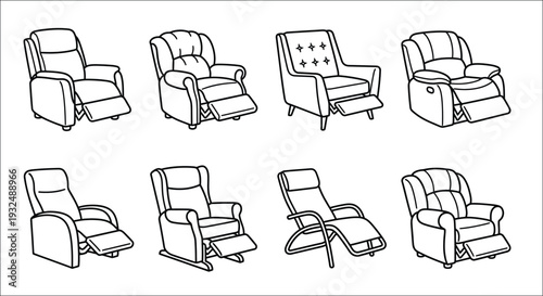 Line art illustration depicting various positions of reclining armchairs