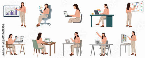 Simple Style Woman Working at Office with Digital Device Illustration Set