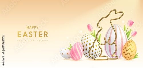Happy Easter background with colorful easter eggs, golden rabbit silhouette and tulips. Holiday greeting card or poster. Vector illustration