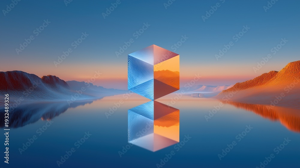 © wilson - Abstract geometric cube logo design with technology and future feel. Background is blue sky with orange desert mountains reflecting on water surface
