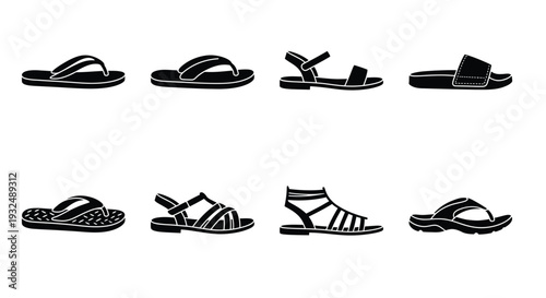 Various styles of sandals and flip flops in a black and white illustration