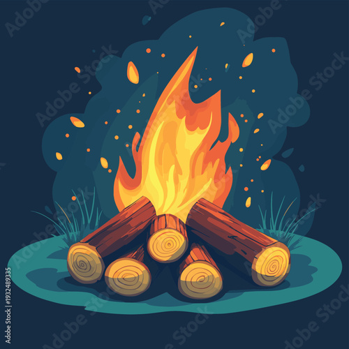 A cartoon of a flaming log campfire with round logs and hot flames. , vector style simple color