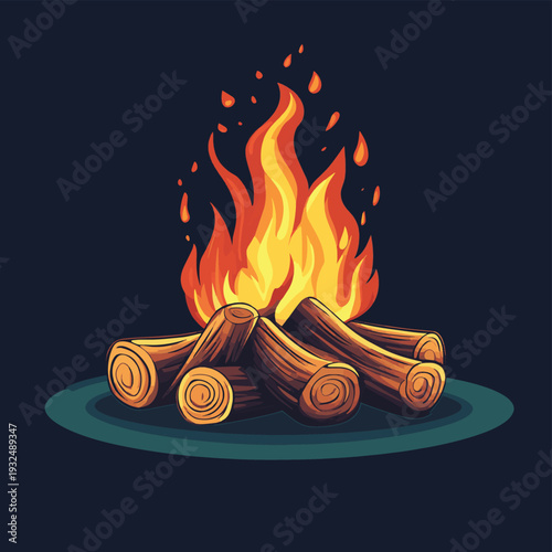 A cartoon of a flaming log campfire with round logs and hot flames. , vector style simple color