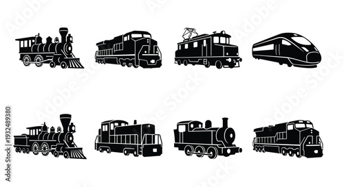Various black silhouettes of trains representing different eras of rail transport
