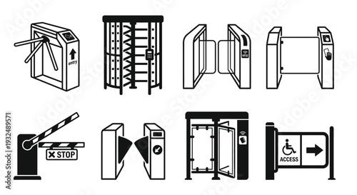 Variety of turnstile and barrier gate designs in black and white