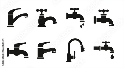 Collection of various black silhouette water tap icons and faucet designs