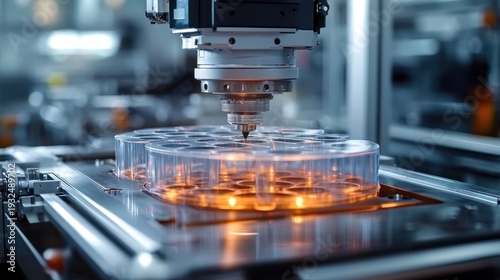 Close-up of a precision milling head machining transparent circular plastic parts with warm orange reflections in a high-tech automated factory, conveying focus and precision