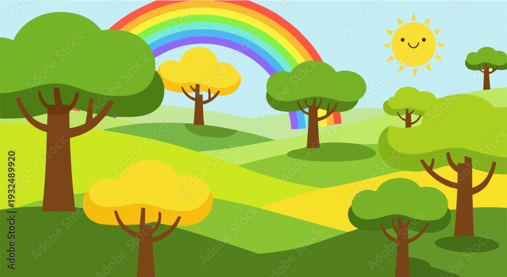 Obraz premium A vibrant rainbow arches over a serene landscape with trees, pathway, and sunny sky, viewed from a distance.