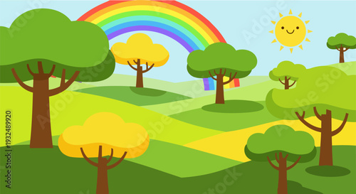 A vibrant rainbow arches over a serene landscape with trees, pathway, and sunny sky, viewed from a distance.