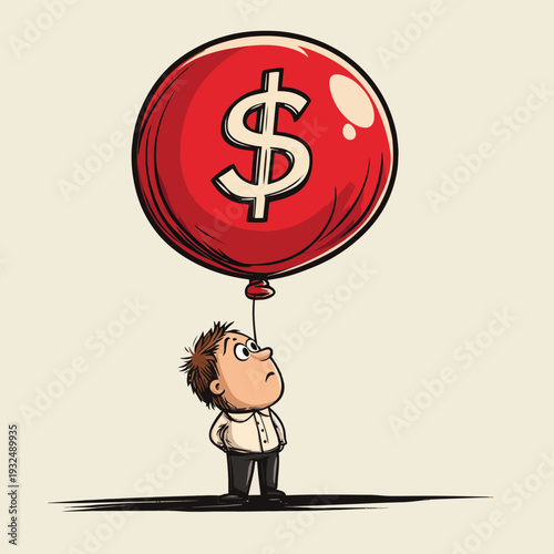 A cartoon man fears that an inflating red balloon in the shape of a dollar sign is going to pop. , vector style simple color