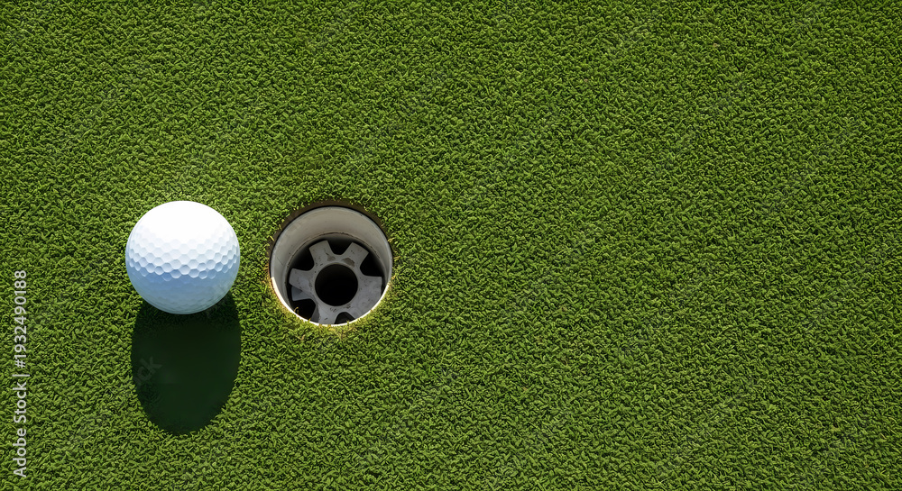 Obraz premium Golf ball approaching the hole, putting concept, golf course, top view