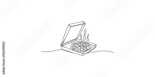 Simple line drawing of an open pizza box with a hot pizza and a sundial stick inside