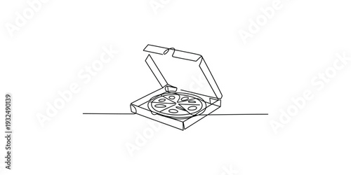 Minimalist continuous line drawing of a pepperoni pizza inside an open cardboard delivery box