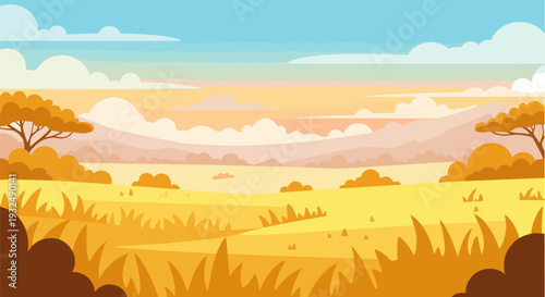 Serene landscape with trees, grass, and mountains under a vibrant blue sky with fluffy clouds at sunset