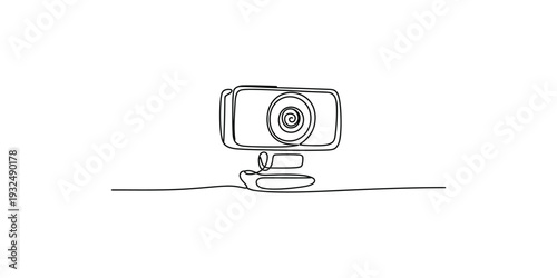 Continuous line drawing of a modern webcam for video conferencing and online meetings.