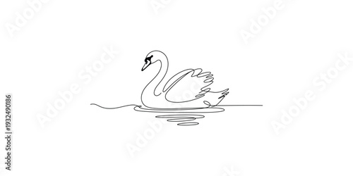 Hand drawn illustration of a graceful swan swimming peacefully on calm water surface