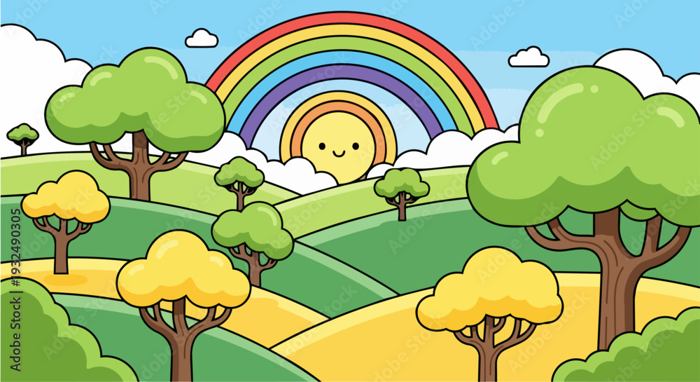 Fototapeta premium A vibrant cartoon landscape with trees and a rainbow arching over a smiling sun in a bright blue sky
