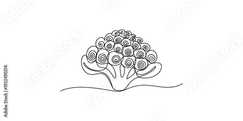 Minimalist black and white continuous line drawing of a fresh broccoli floret on a white background