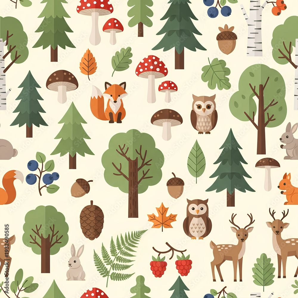 Fototapeta premium Enchanting Forest Friends Seamless Pattern 1.