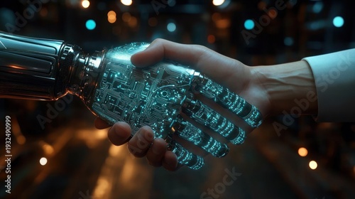 Human hand shaking a translucent robotic hand with glowing circuitry, a moment of collaboration and trust