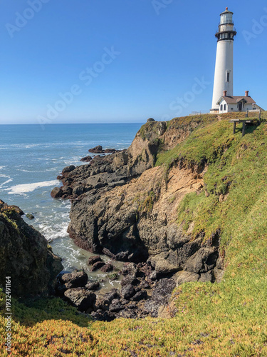 Breathtaking scenic and landscape view of coastline of Californian OC landscape scenery with vegetation and cliffs and beautiful bays overlooking ocean and coast in California on sunny day blue sky