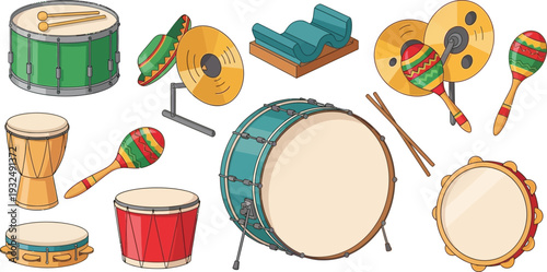 Colorful percussion musical instruments set illustration vector. Drums, maracas, cymbals, and tambourine collection.
