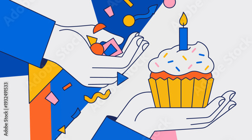 Person holding cupcake with candle and confetti.