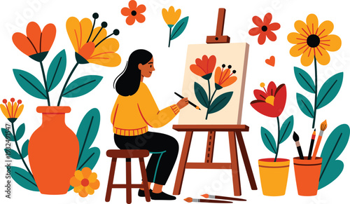 Illustration of person painting floral artwork on canvas with easel, surrounded by colorful flowers, plants, brushes, palette, creative artistic inspiration and nature design