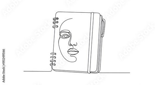 Continuous Line Drawing of a Notebook with Woman's Face Art