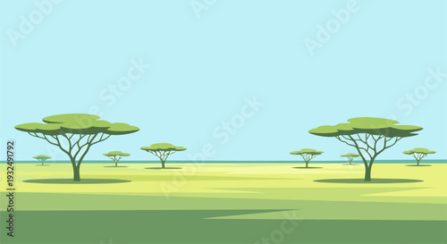 Serene landscape illustration featuring trees in a vast green field from an aerial viewpoint