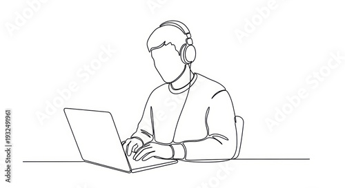 Continuous line drawing of a person with headphones working on a laptop