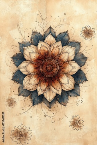 ornate hand-drawn mandala flower with layered cream and blue petals, brown central medallion and smaller surrounding floral motifs on aged paper, delicate ink swirls, serene vintage meditative mood