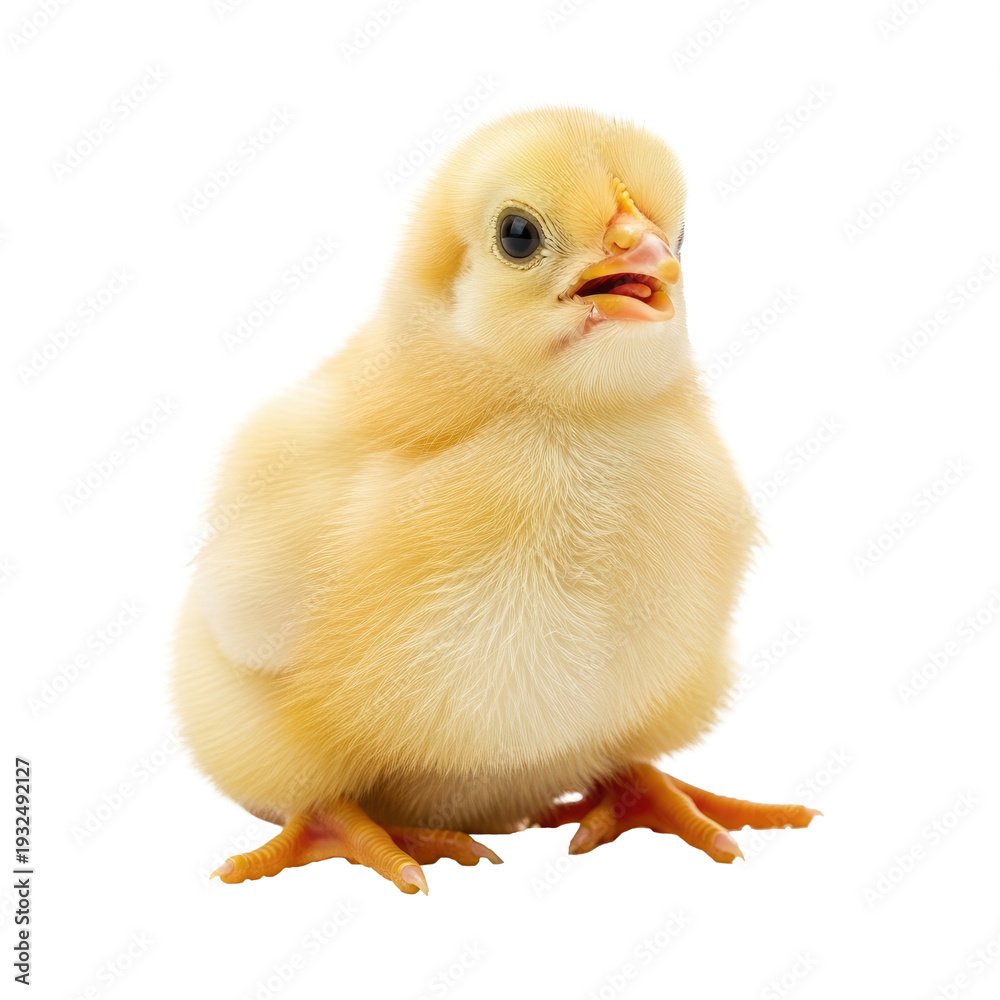 Fototapeta premium A fluffy, yellow baby chick stands on its tiny feet. It has a small beak, dark eyes, and a slightly open mouth.
