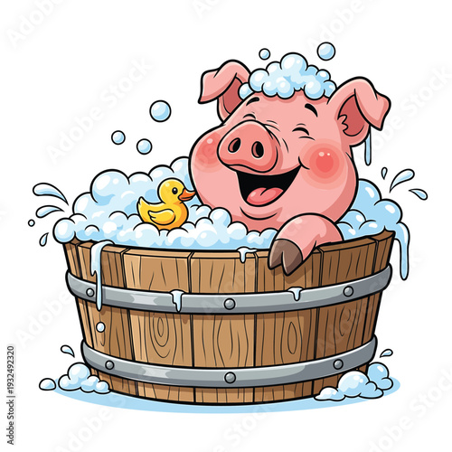 A happy pig relaxing in a wooden tub with a rubber duck