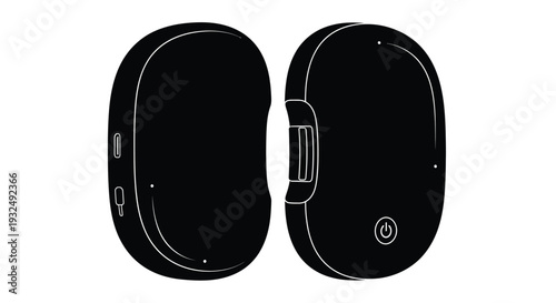 Two modern hearing aids displayed front and back views black silhouette