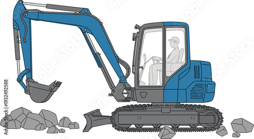 Mini excavator with operator digging rocks, tracked construction machinery vector illustration isolated on white background, compact earthmoving equipment for engineering and building projects