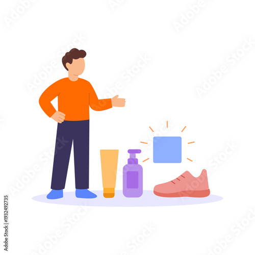 VR Product, Demonstrating immersive virtual reality based product, Flat vector character illustration