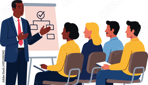 Professional business illustration of man presenting flowchart on flip chart to attentive audience, symbolizing corporate training, seminar, teamwork, communication, and organizational learning conc