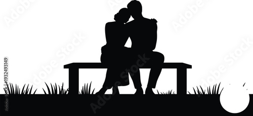 Romantic Couple Sitting on Bench at Night Silhouette Vector Illustration Isolated on White Background for Love Relationship and Valentine Concept