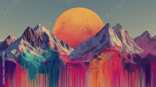 Abstract Vibrant Digital Art of Mountain Landscape with Melting Glitch Effect and Large Sun for Modern Creative Background and Vaporwave Aesthetic Style